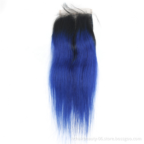Pre-Colored 2 Tone Blue Brazilian Hair Weave Bundles Straight Ombre 3 Bundles T1B/Blue Dark Roots Human Hair Extensions Remy